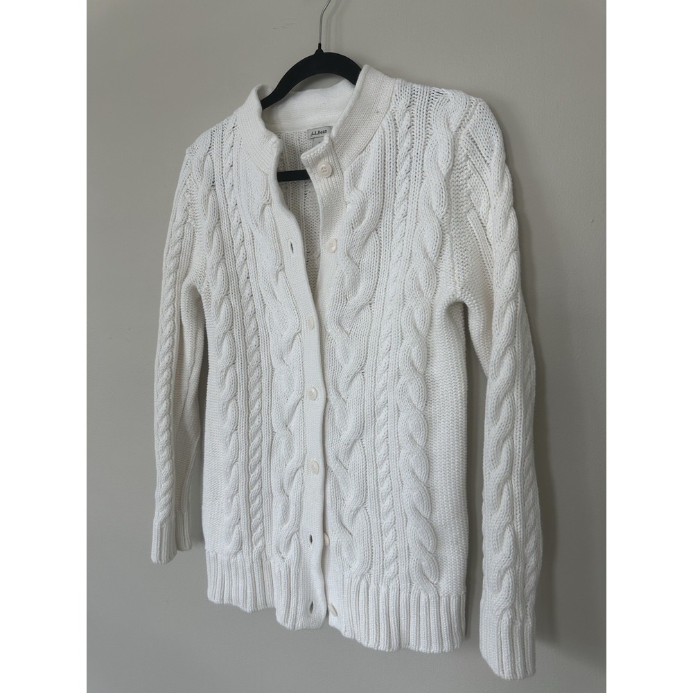 VTG LL Bean Heavy Cable Knit Nordic 100% Cotton Cable Knit Cardigan White - Picture 2 of 15